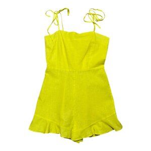 GB Linen Blend Shoulder Ties Romper Women's XS Solid Yellow Ruffle Hem NWT New